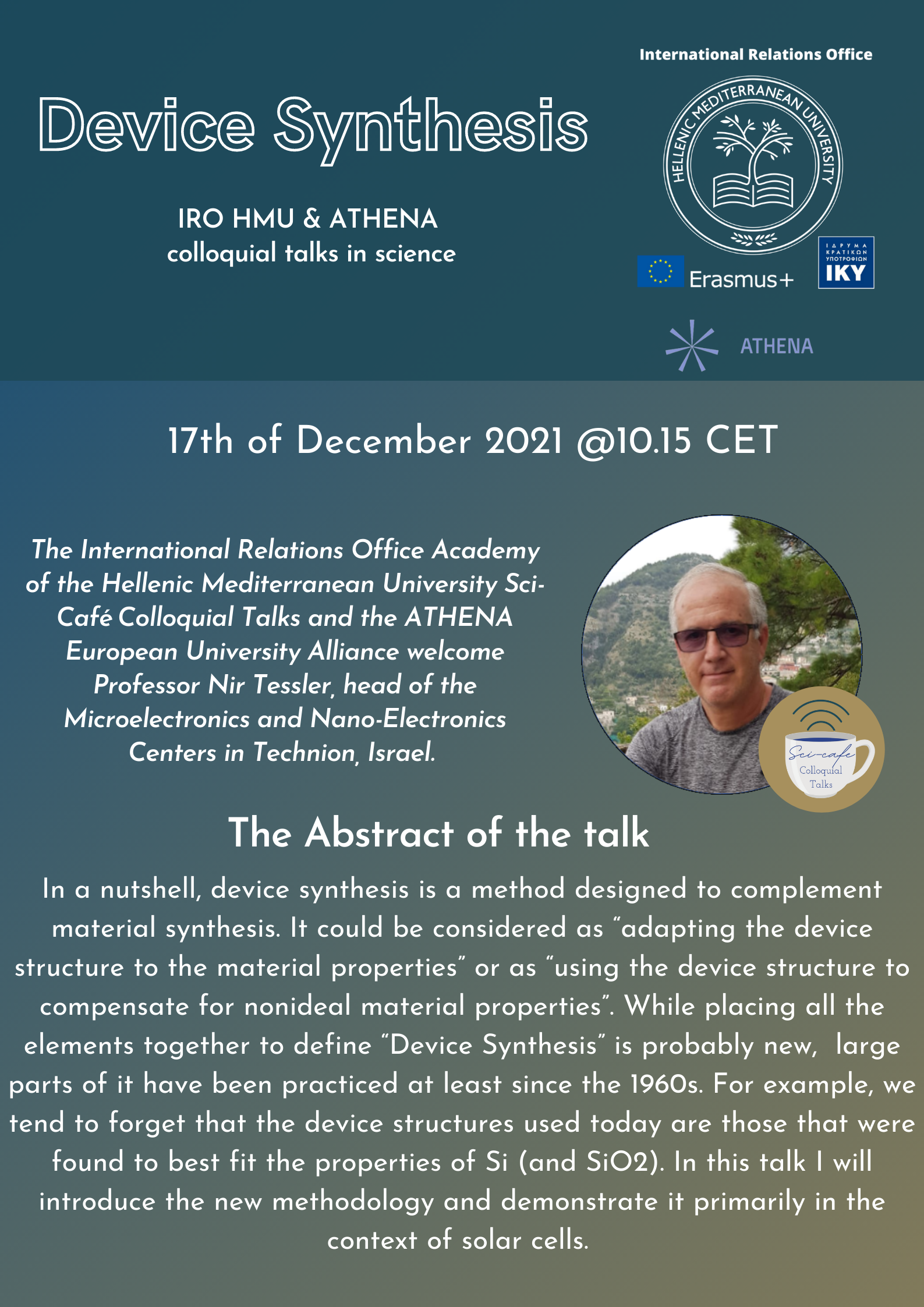 Sci-Cafe Ομιλία Παρασκευή 17/12/2021, Καθηγητής Nir Tessler, Technion, Israel